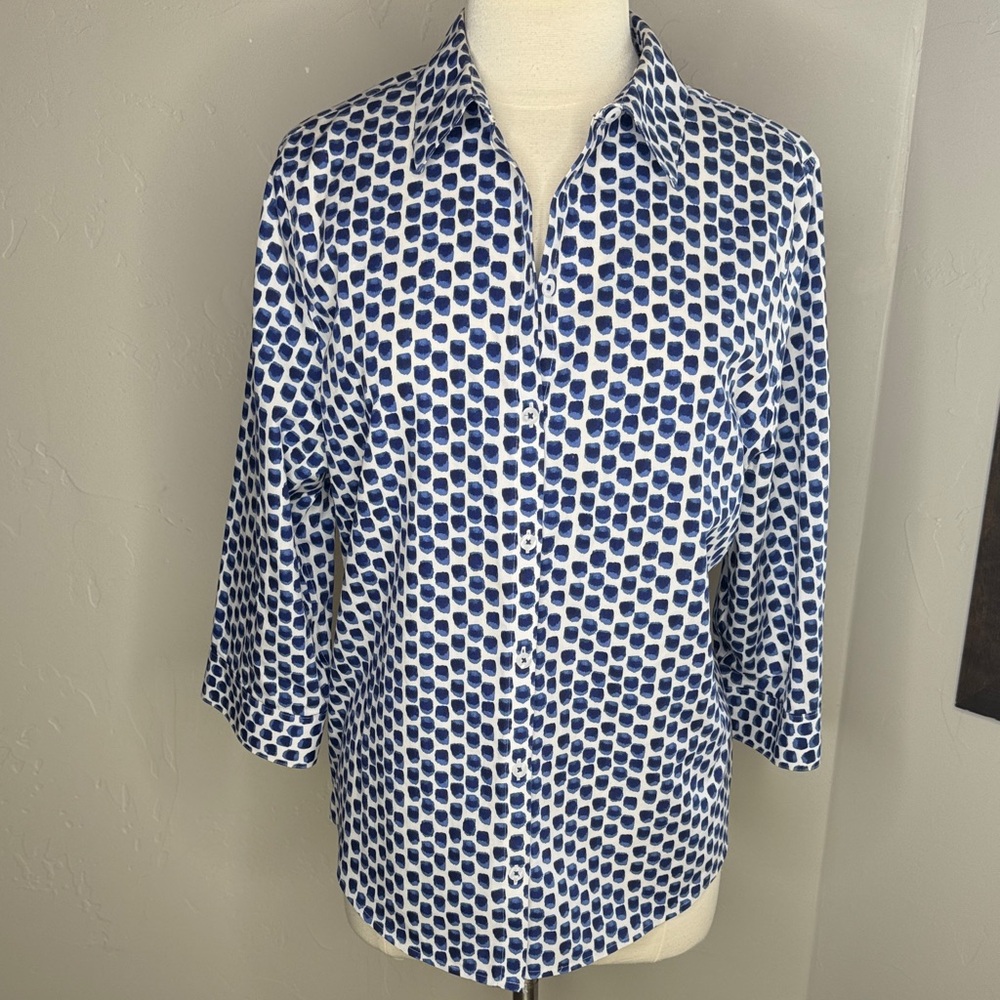 Chico's Blue and White 100% Cotton Button Down No-Iron Shirt